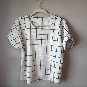 Melloday White Black Windowpane Grid Short Sleeve Blouse Women’s Size Medium